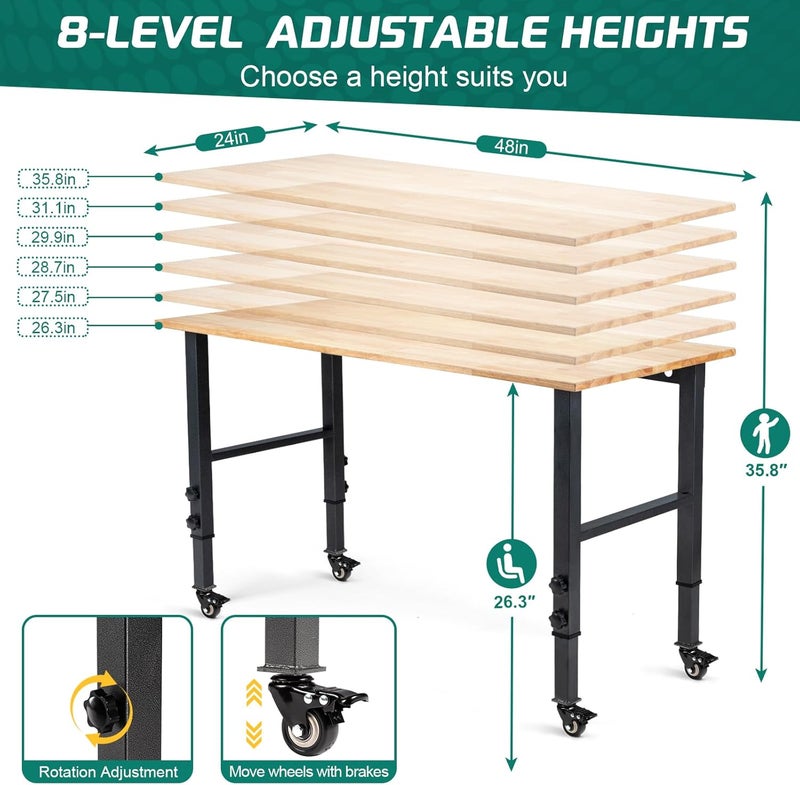 OLBRUS 48 "Adjustable Wheels Workbench, Heavy Duty 2000 LBS Load Capacity Hardwood Workbench Suitable for Workshop, Office, Garage, Home (Metal Wheels丨No Power Outlets 48"x24") - Image 2